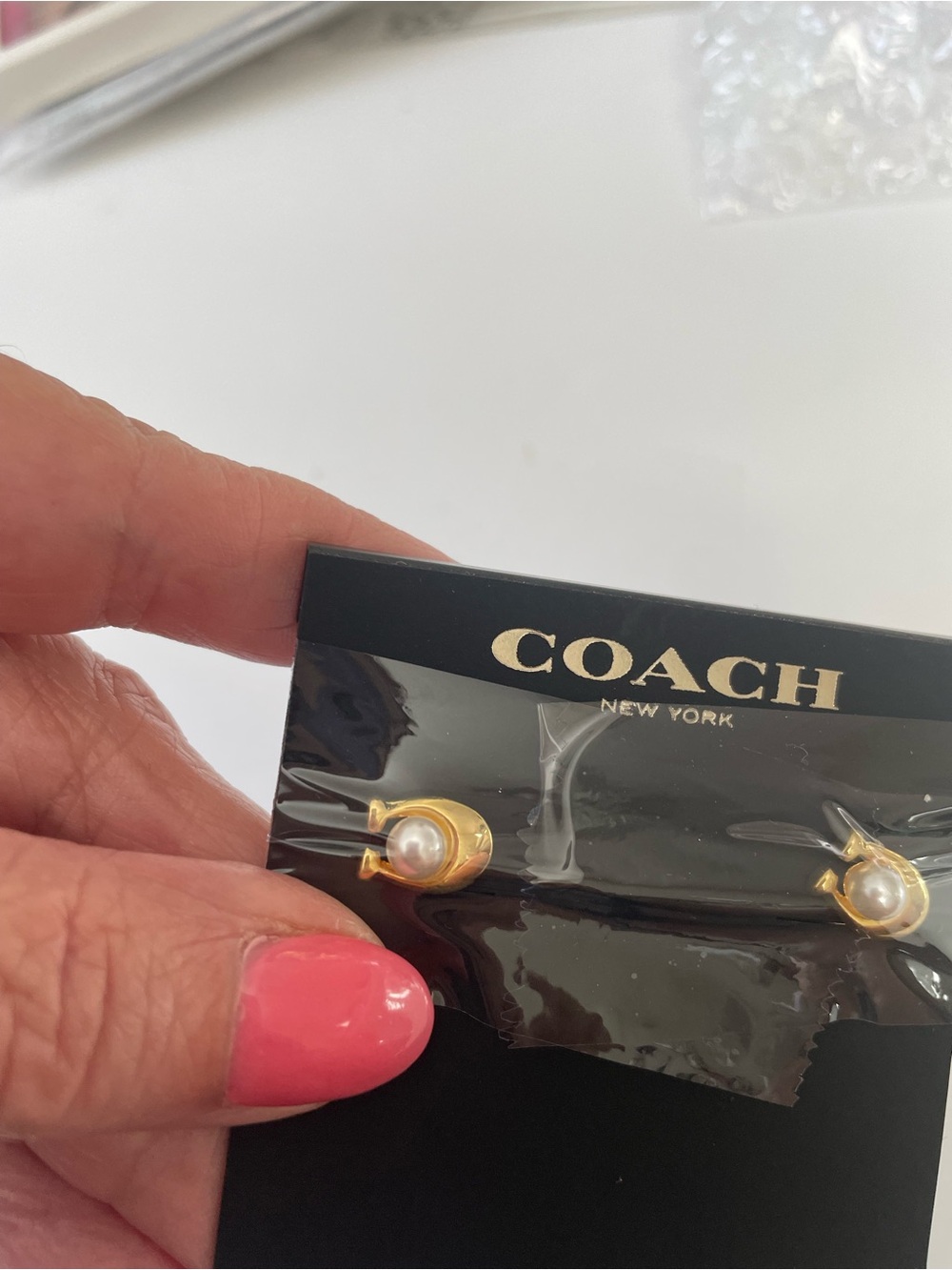 Coach Gold-Tone Faux Pearl Button Stud Earrings - Picture 3 of 6